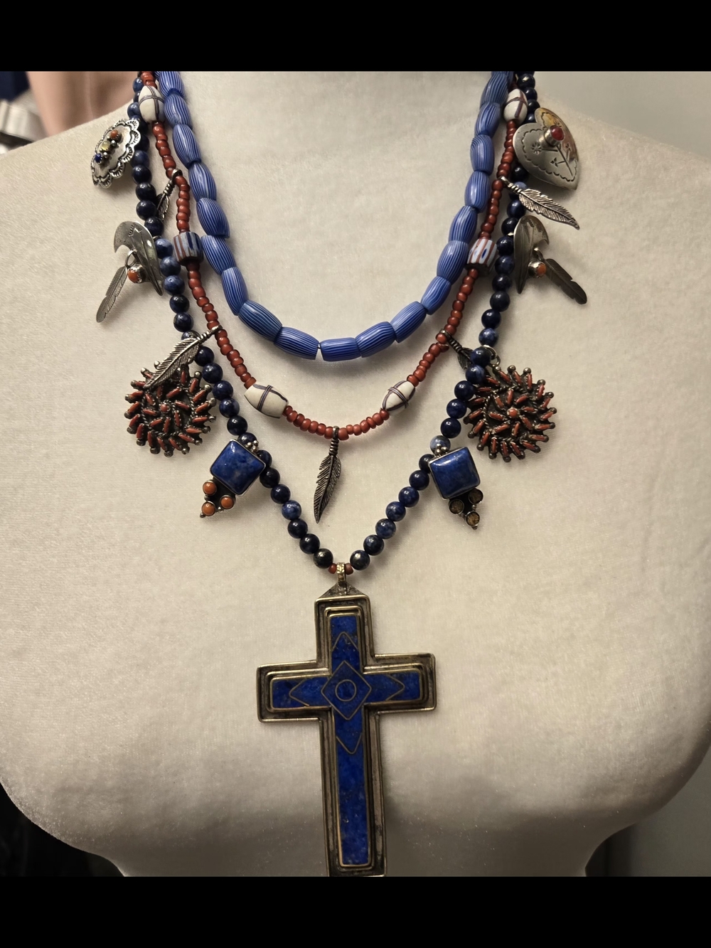 Vintage 925 Tasco Layered Blue & Coral Beaded Cross Necklace - Unbranded